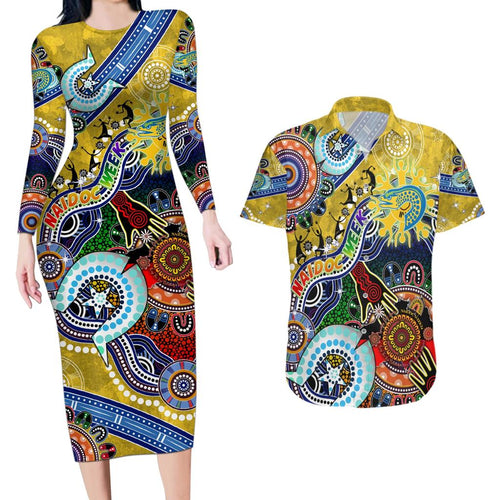 Personalised Eels NAIDOC Week 2024 Couples Matching Long Sleeve Bodycon Dress and Hawaiian Shirt Australia Aboriginal Dot Painting