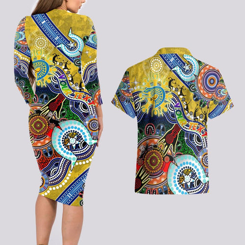 Personalised Eels NAIDOC Week 2024 Couples Matching Long Sleeve Bodycon Dress and Hawaiian Shirt Australia Aboriginal Dot Painting