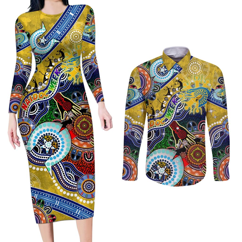 Personalised Eels NAIDOC Week 2024 Couples Matching Long Sleeve Bodycon Dress and Long Sleeve Button Shirt Australia Aboriginal Dot Painting
