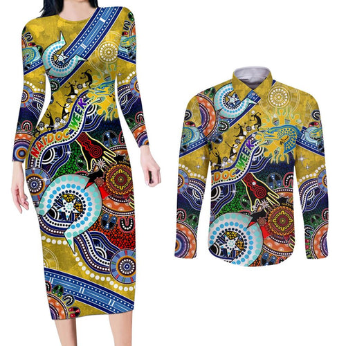 Personalised Eels NAIDOC Week 2024 Couples Matching Long Sleeve Bodycon Dress and Long Sleeve Button Shirt Australia Aboriginal Dot Painting