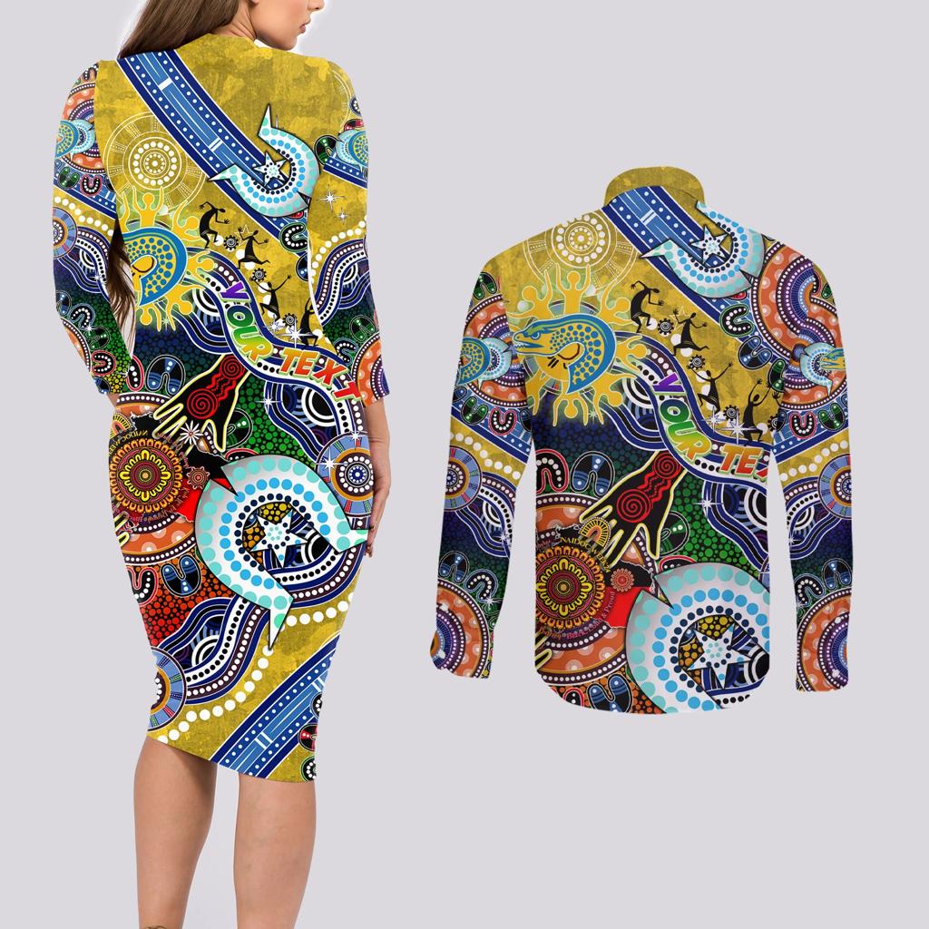 Personalised Eels NAIDOC Week 2024 Couples Matching Long Sleeve Bodycon Dress and Long Sleeve Button Shirt Australia Aboriginal Dot Painting
