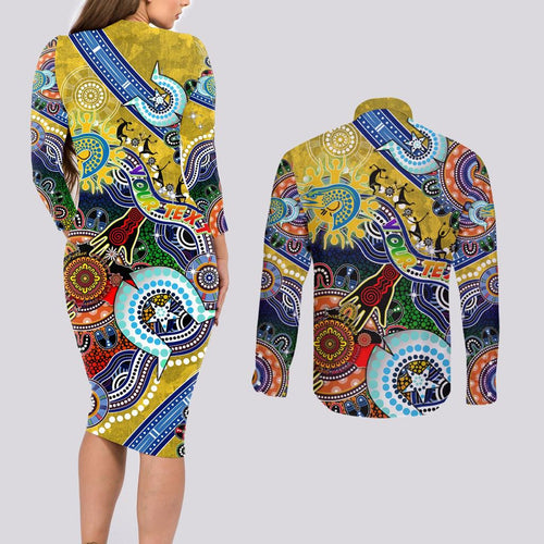 Personalised Eels NAIDOC Week 2024 Couples Matching Long Sleeve Bodycon Dress and Long Sleeve Button Shirt Australia Aboriginal Dot Painting