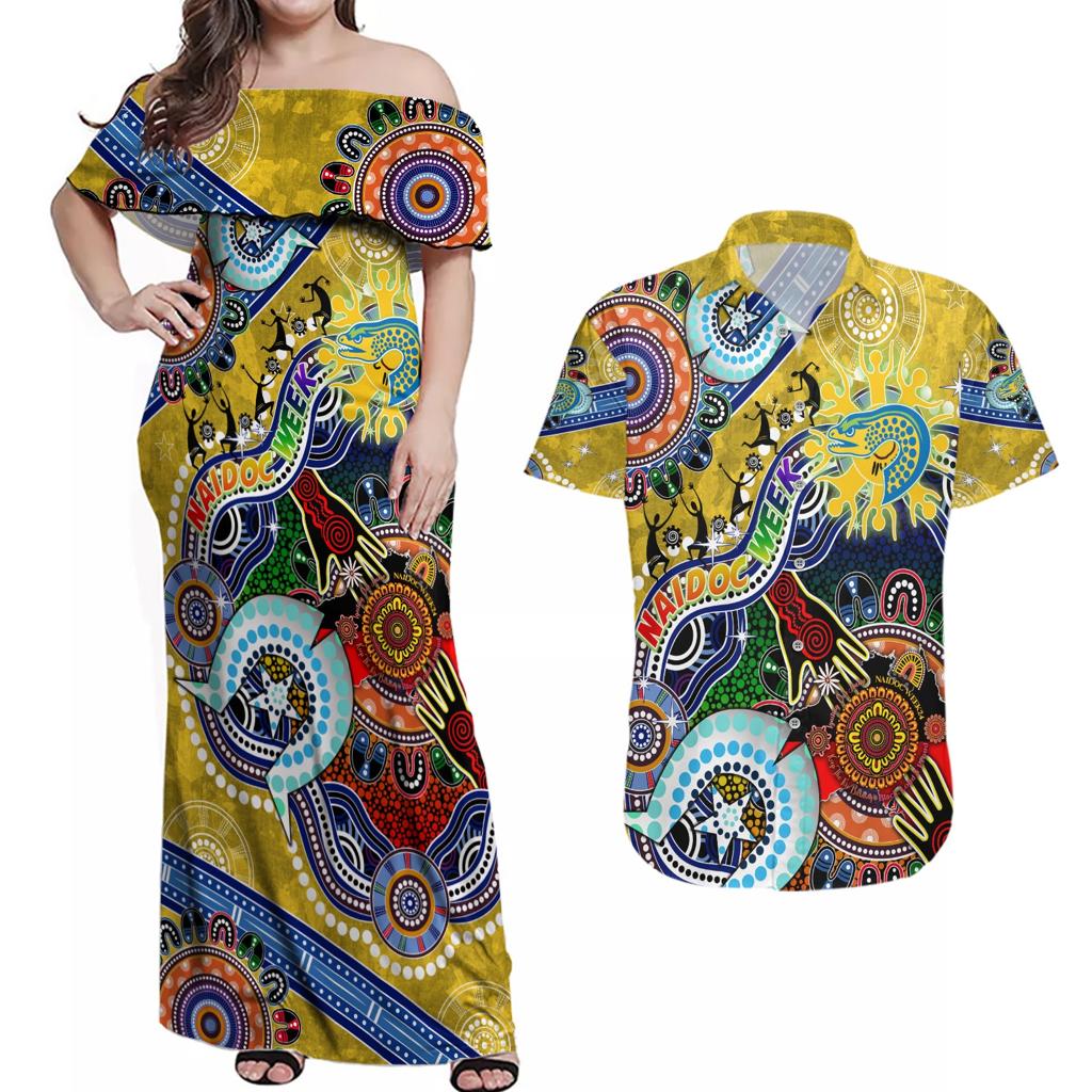 Personalised Eels NAIDOC Week 2024 Couples Matching Off Shoulder Maxi Dress and Hawaiian Shirt Australia Aboriginal Dot Painting
