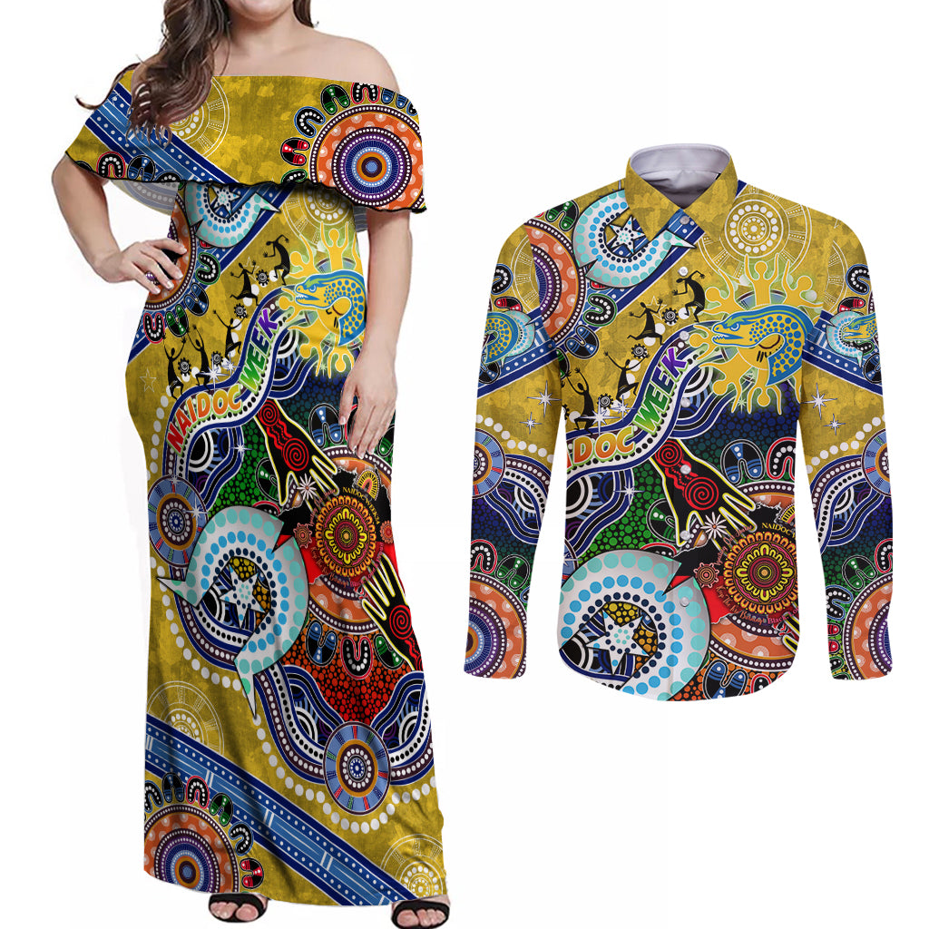 Personalised Eels NAIDOC Week 2024 Couples Matching Off Shoulder Maxi Dress and Long Sleeve Button Shirt Australia Aboriginal Dot Painting