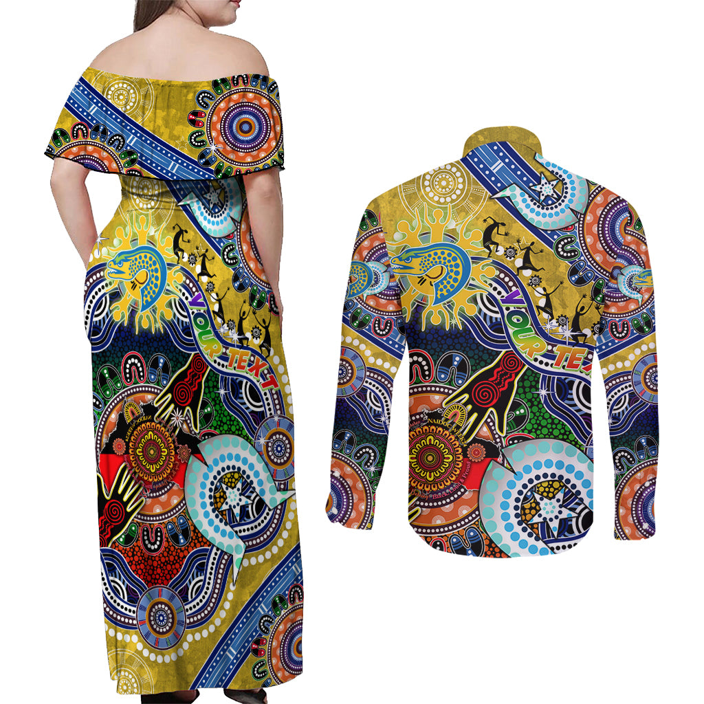 Personalised Eels NAIDOC Week 2024 Couples Matching Off Shoulder Maxi Dress and Long Sleeve Button Shirt Australia Aboriginal Dot Painting