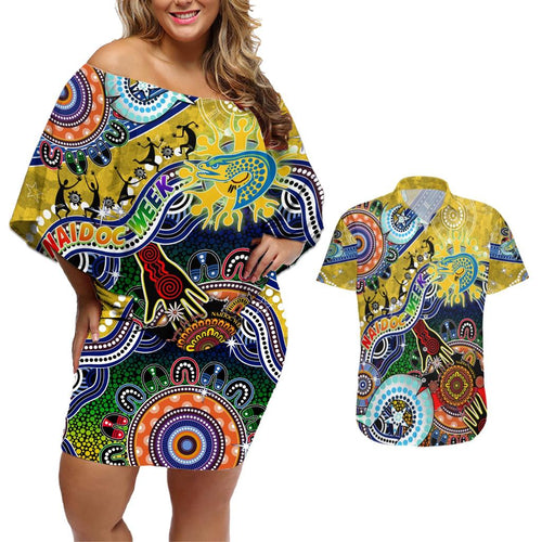 Personalised Eels NAIDOC Week 2024 Couples Matching Off Shoulder Short Dress and Hawaiian Shirt Australia Aboriginal Dot Painting