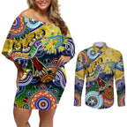 Personalised Eels NAIDOC Week 2024 Couples Matching Off Shoulder Short Dress and Long Sleeve Button Shirt Australia Aboriginal Dot Painting