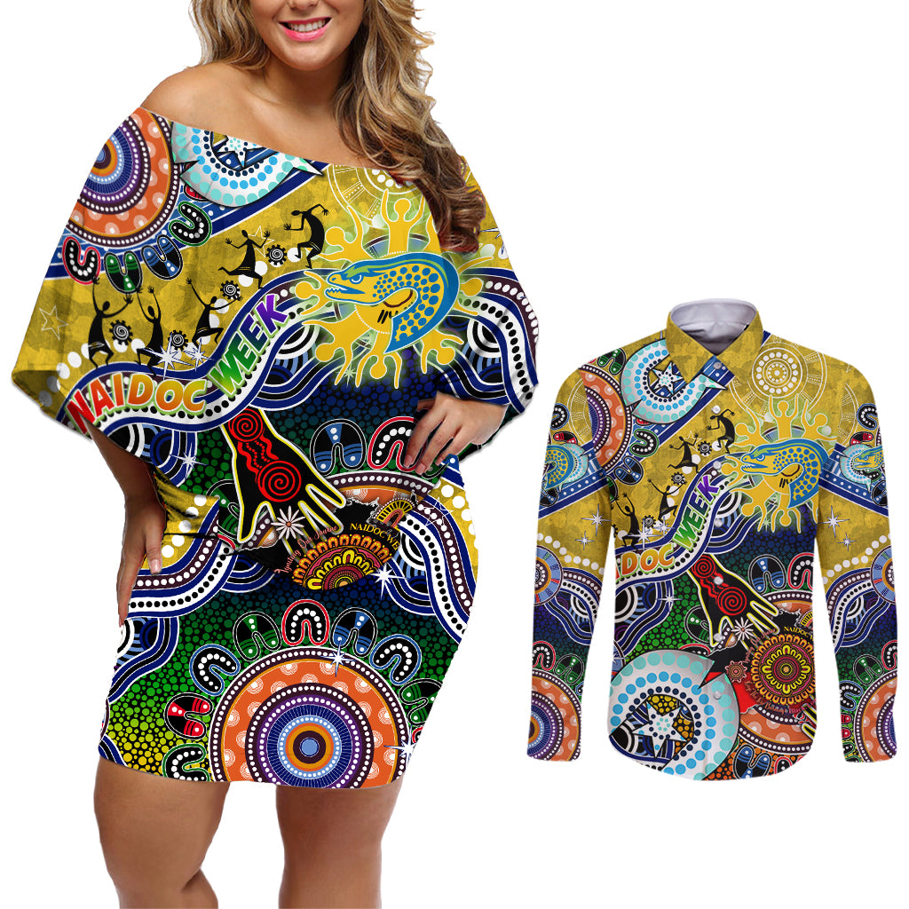 Personalised Eels NAIDOC Week 2024 Couples Matching Off Shoulder Short Dress and Long Sleeve Button Shirt Australia Aboriginal Dot Painting