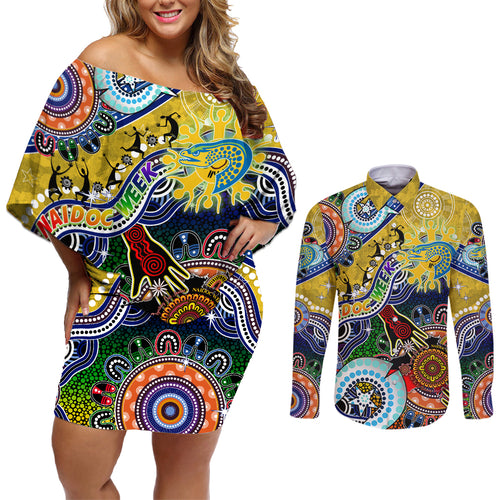 Personalised Eels NAIDOC Week 2024 Couples Matching Off Shoulder Short Dress and Long Sleeve Button Shirt Australia Aboriginal Dot Painting