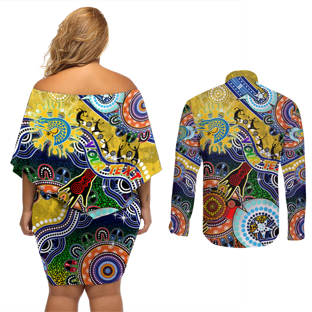 Personalised Eels NAIDOC Week 2024 Couples Matching Off Shoulder Short Dress and Long Sleeve Button Shirt Australia Aboriginal Dot Painting