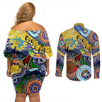 Personalised Eels NAIDOC Week 2024 Couples Matching Off Shoulder Short Dress and Long Sleeve Button Shirt Australia Aboriginal Dot Painting