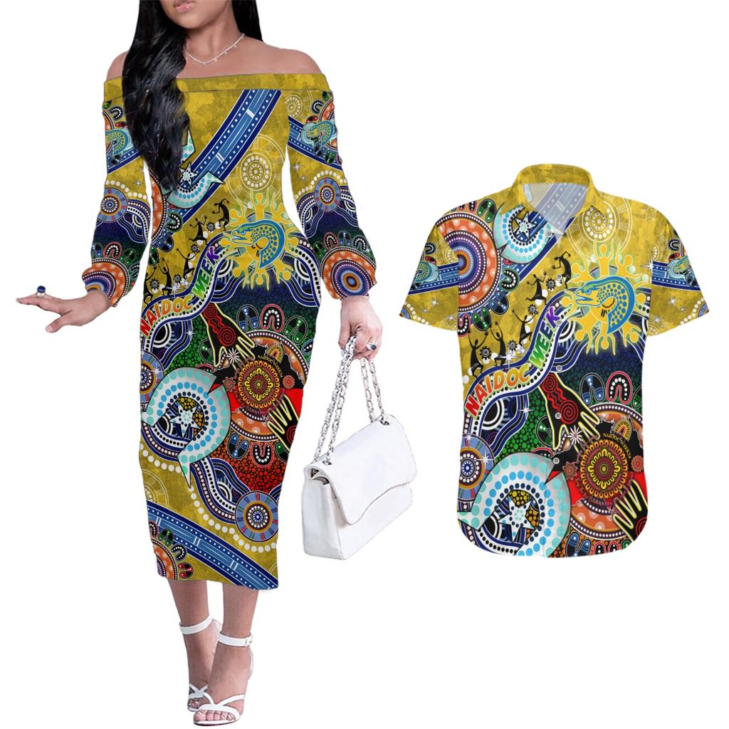 Personalised Eels NAIDOC Week 2024 Couples Matching Off The Shoulder Long Sleeve Dress and Hawaiian Shirt Australia Aboriginal Dot Painting