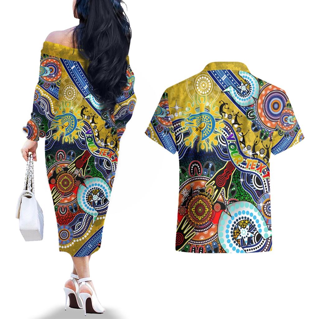 Personalised Eels NAIDOC Week 2024 Couples Matching Off The Shoulder Long Sleeve Dress and Hawaiian Shirt Australia Aboriginal Dot Painting
