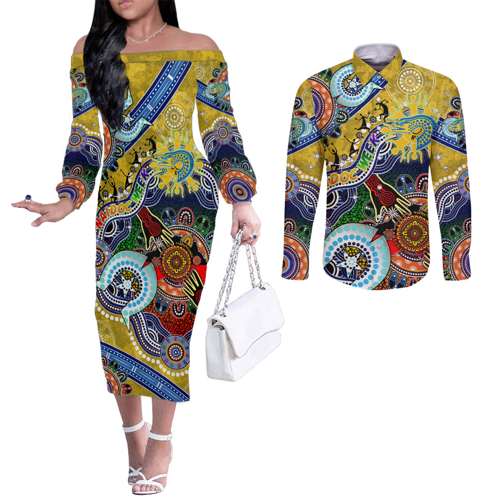 Personalised Eels NAIDOC Week 2024 Couples Matching Off The Shoulder Long Sleeve Dress and Long Sleeve Button Shirt Australia Aboriginal Dot Painting