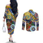 Personalised Eels NAIDOC Week 2024 Couples Matching Off The Shoulder Long Sleeve Dress and Long Sleeve Button Shirt Australia Aboriginal Dot Painting