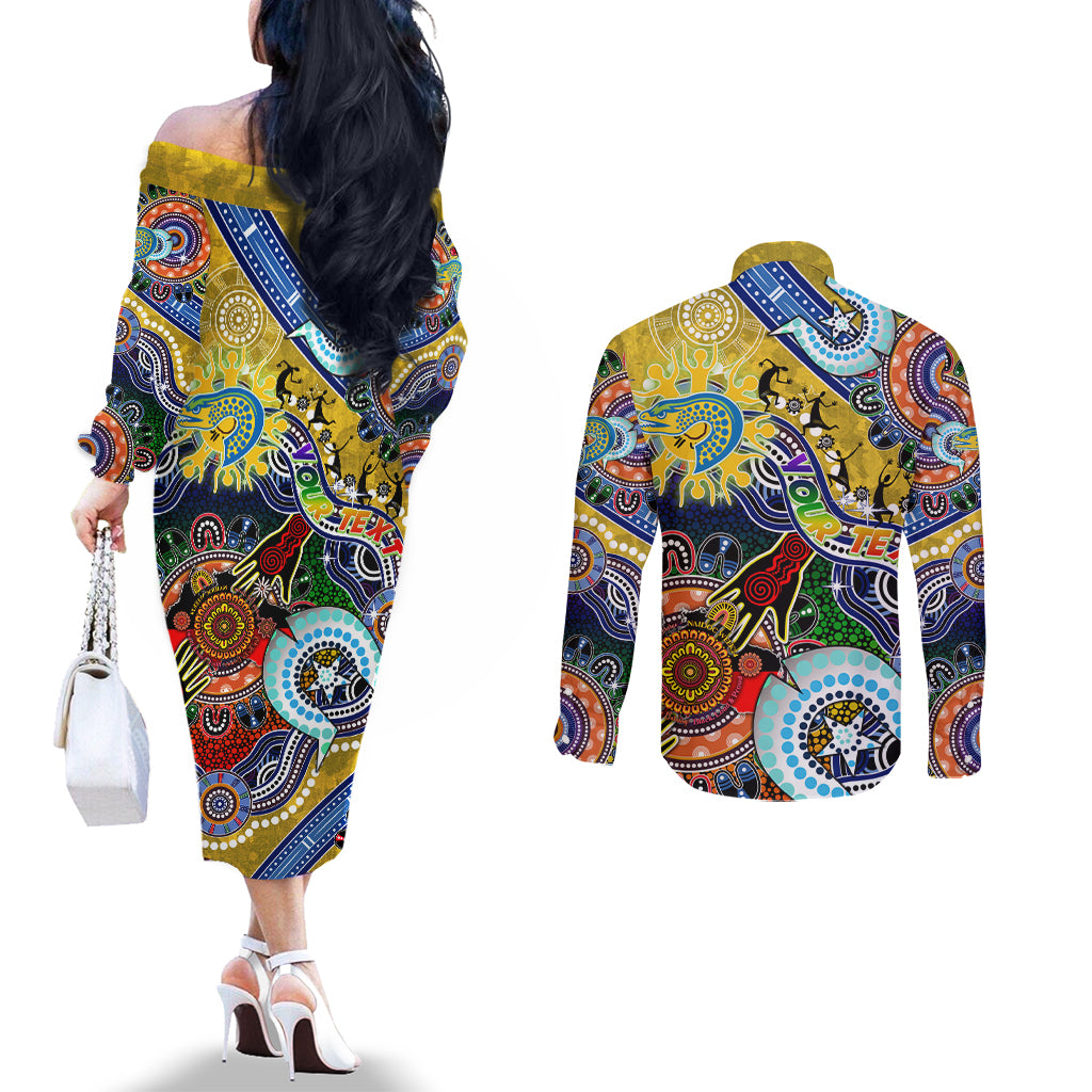 Personalised Eels NAIDOC Week 2024 Couples Matching Off The Shoulder Long Sleeve Dress and Long Sleeve Button Shirt Australia Aboriginal Dot Painting