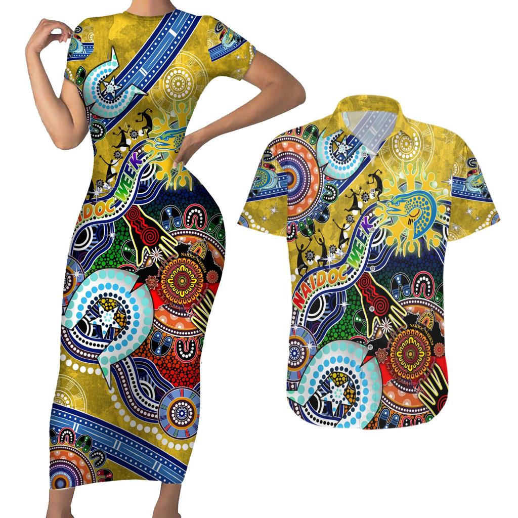 Personalised Eels NAIDOC Week 2024 Couples Matching Short Sleeve Bodycon Dress and Hawaiian Shirt Australia Aboriginal Dot Painting