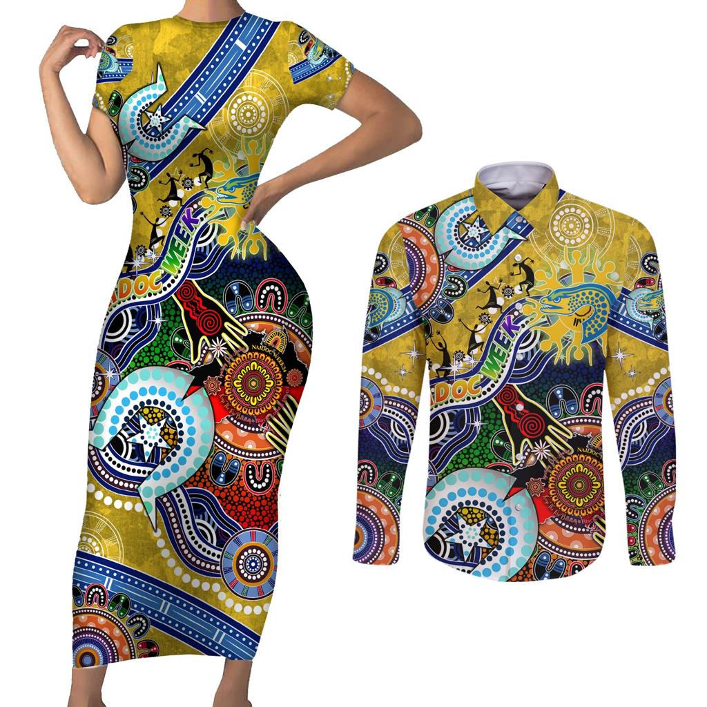 Personalised Eels NAIDOC Week 2024 Couples Matching Short Sleeve Bodycon Dress and Long Sleeve Button Shirt Australia Aboriginal Dot Painting
