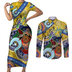 Personalised Eels NAIDOC Week 2024 Couples Matching Short Sleeve Bodycon Dress and Long Sleeve Button Shirt Australia Aboriginal Dot Painting