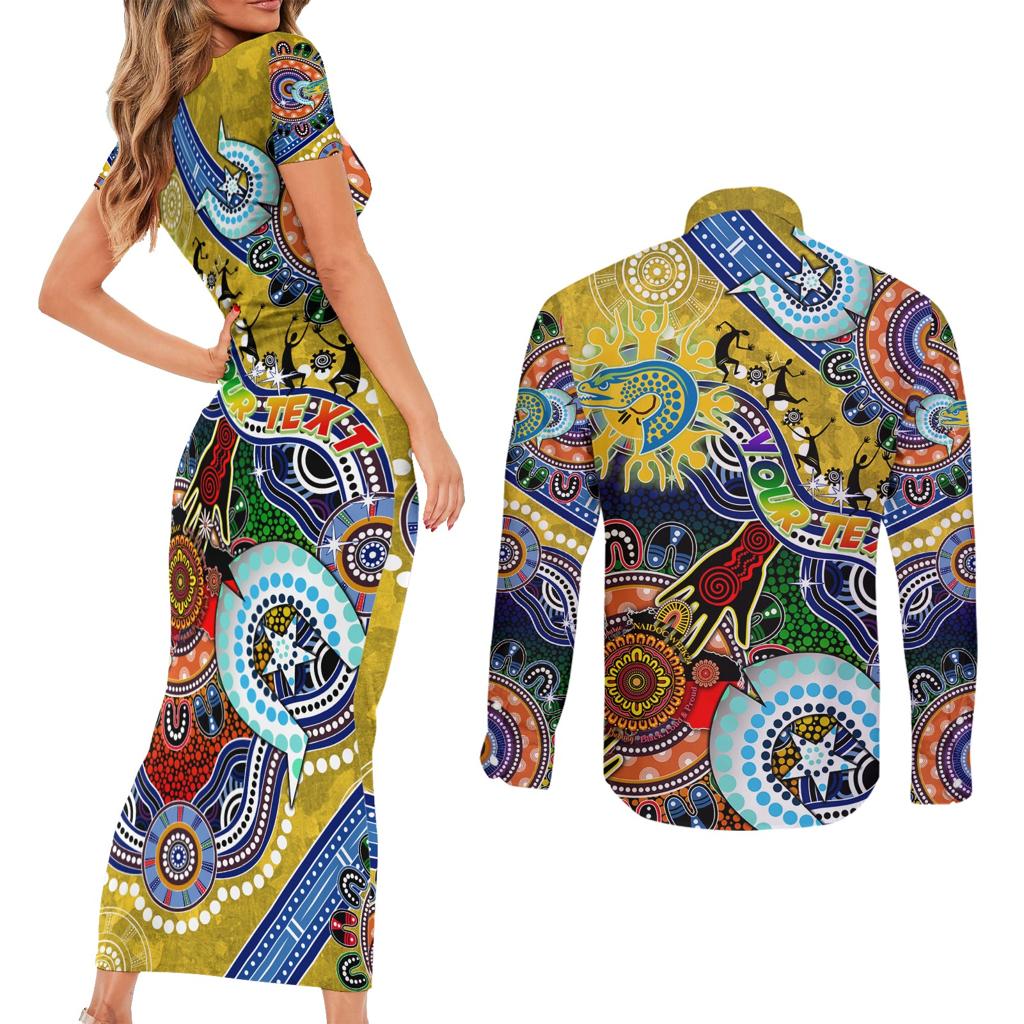 Personalised Eels NAIDOC Week 2024 Couples Matching Short Sleeve Bodycon Dress and Long Sleeve Button Shirt Australia Aboriginal Dot Painting