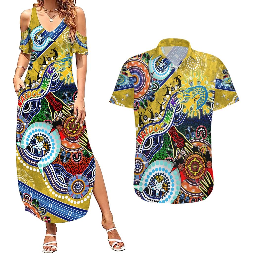 Personalised Eels NAIDOC Week 2024 Couples Matching Summer Maxi Dress and Hawaiian Shirt Australia Aboriginal Dot Painting