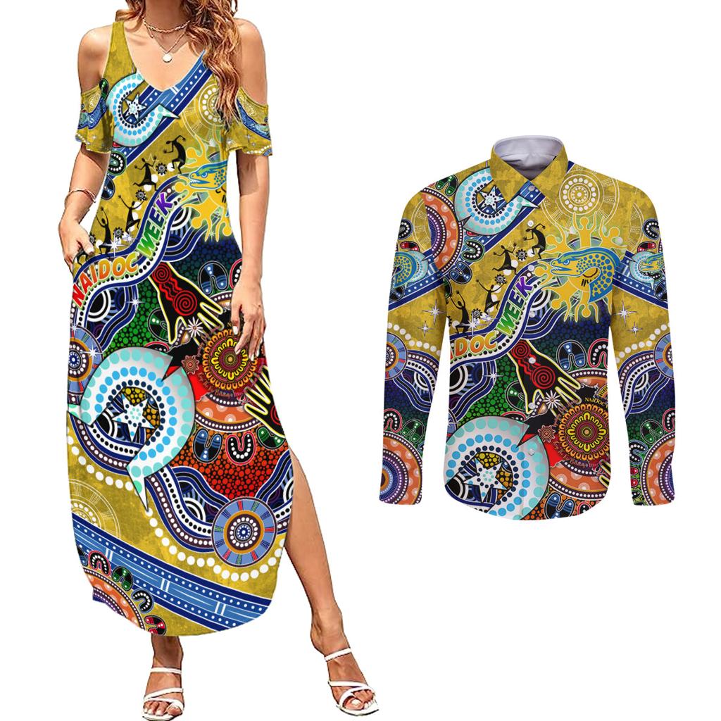 Personalised Eels NAIDOC Week 2024 Couples Matching Summer Maxi Dress and Long Sleeve Button Shirt Australia Aboriginal Dot Painting
