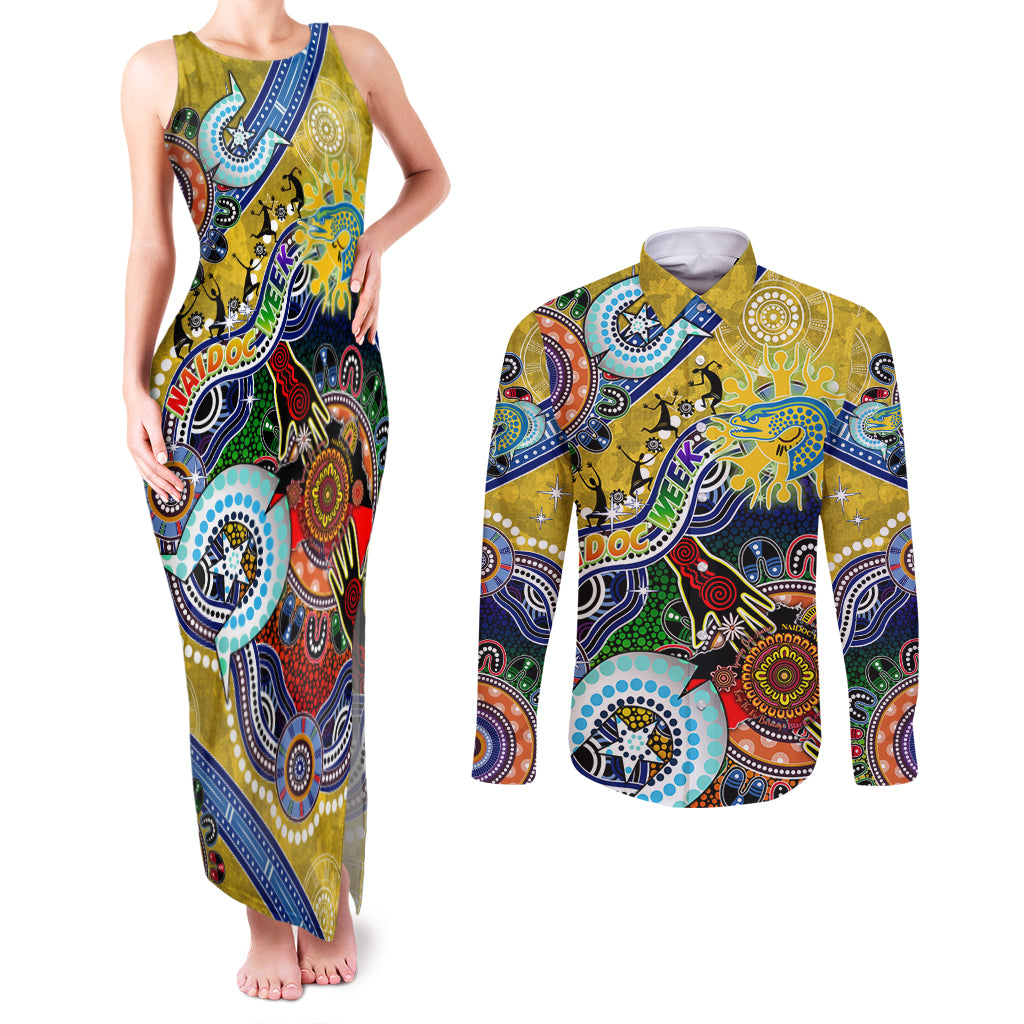Personalised Eels NAIDOC Week 2024 Couples Matching Tank Maxi Dress and Long Sleeve Button Shirt Australia Aboriginal Dot Painting