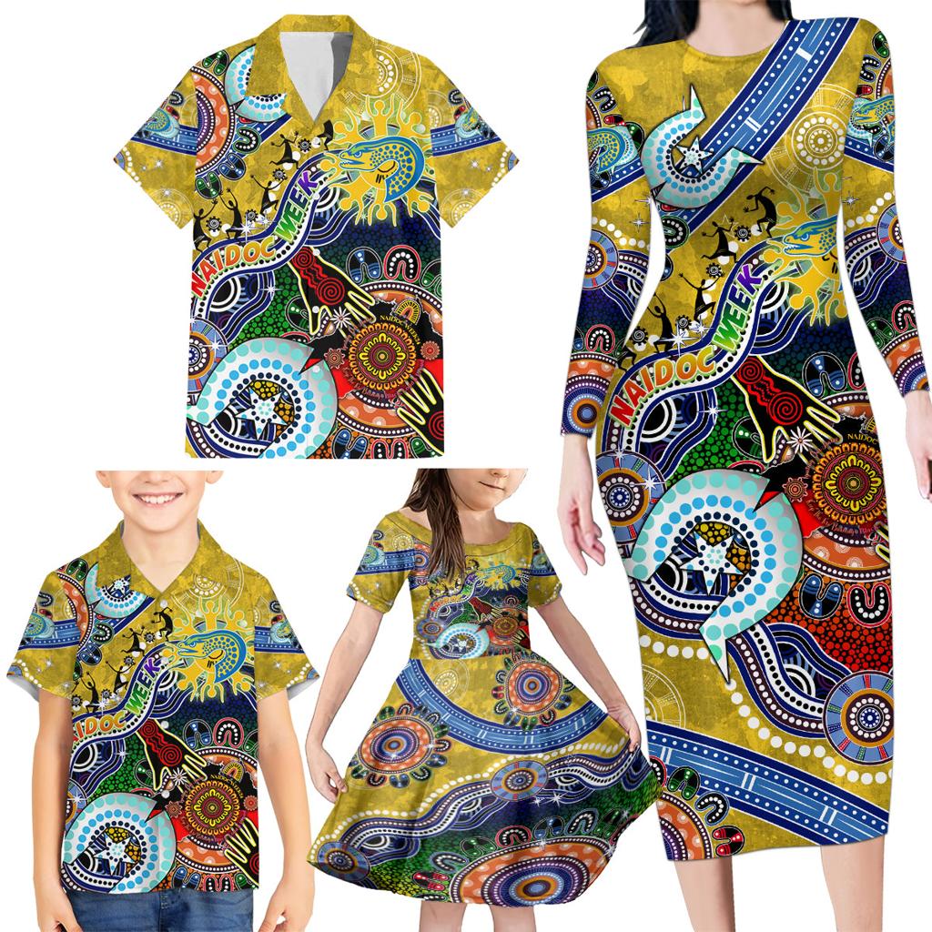 Personalised Eels NAIDOC Week 2024 Family Matching Long Sleeve Bodycon Dress and Hawaiian Shirt Australia Aboriginal Dot Painting