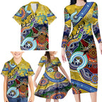 Personalised Eels NAIDOC Week 2024 Family Matching Long Sleeve Bodycon Dress and Hawaiian Shirt Australia Aboriginal Dot Painting