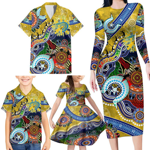 Personalised Eels NAIDOC Week 2024 Family Matching Long Sleeve Bodycon Dress and Hawaiian Shirt Australia Aboriginal Dot Painting