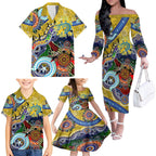 Personalised Eels NAIDOC Week 2024 Family Matching Off The Shoulder Long Sleeve Dress and Hawaiian Shirt Australia Aboriginal Dot Painting