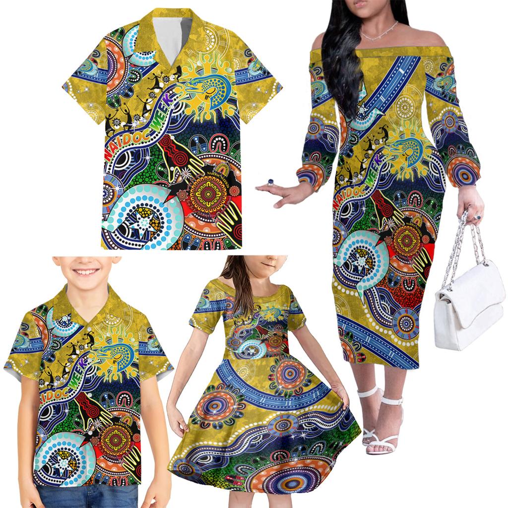 Personalised Eels NAIDOC Week 2024 Family Matching Off The Shoulder Long Sleeve Dress and Hawaiian Shirt Australia Aboriginal Dot Painting