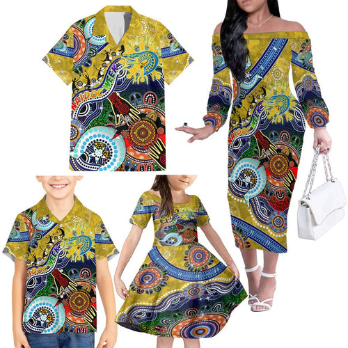 Personalised Eels NAIDOC Week 2024 Family Matching Off The Shoulder Long Sleeve Dress and Hawaiian Shirt Australia Aboriginal Dot Painting