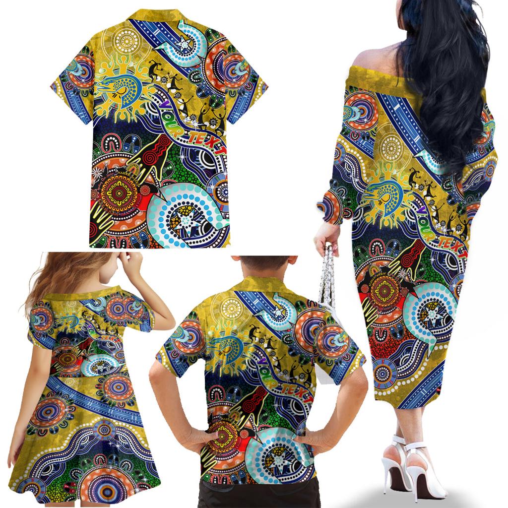 Personalised Eels NAIDOC Week 2024 Family Matching Off The Shoulder Long Sleeve Dress and Hawaiian Shirt Australia Aboriginal Dot Painting