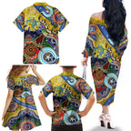 Personalised Eels NAIDOC Week 2024 Family Matching Off The Shoulder Long Sleeve Dress and Hawaiian Shirt Australia Aboriginal Dot Painting