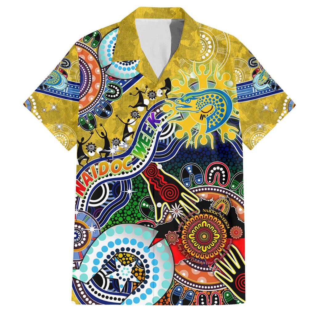Personalised Eels NAIDOC Week 2024 Family Matching Off The Shoulder Long Sleeve Dress and Hawaiian Shirt Australia Aboriginal Dot Painting