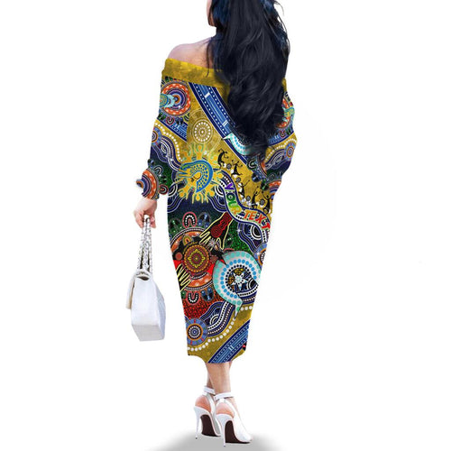 Personalised Eels NAIDOC Week 2024 Family Matching Off The Shoulder Long Sleeve Dress and Hawaiian Shirt Australia Aboriginal Dot Painting