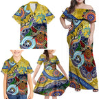 Personalised Eels NAIDOC Week 2024 Family Matching Off Shoulder Maxi Dress and Hawaiian Shirt Australia Aboriginal Dot Painting