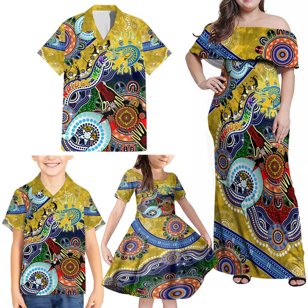 Personalised Eels NAIDOC Week 2024 Family Matching Off Shoulder Maxi Dress and Hawaiian Shirt Australia Aboriginal Dot Painting