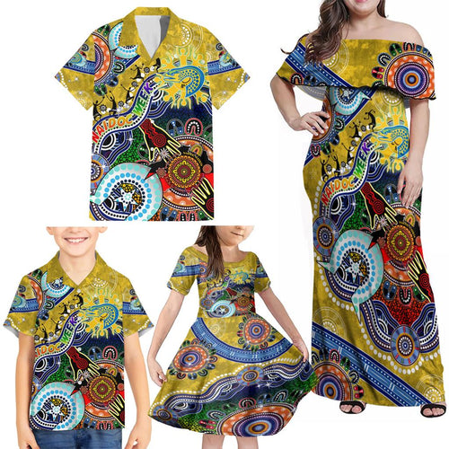 Personalised Eels NAIDOC Week 2024 Family Matching Off Shoulder Maxi Dress and Hawaiian Shirt Australia Aboriginal Dot Painting