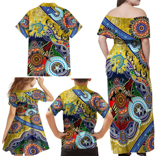 Personalised Eels NAIDOC Week 2024 Family Matching Off Shoulder Maxi Dress and Hawaiian Shirt Australia Aboriginal Dot Painting