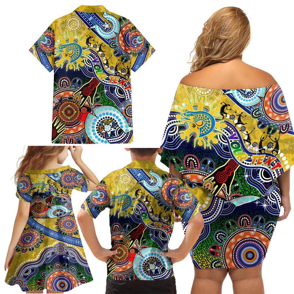 Personalised Eels NAIDOC Week 2024 Family Matching Off Shoulder Short Dress and Hawaiian Shirt Australia Aboriginal Dot Painting