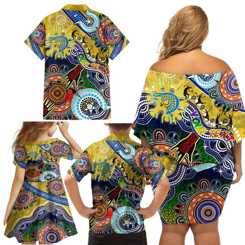 Personalised Eels NAIDOC Week 2024 Family Matching Off Shoulder Short Dress and Hawaiian Shirt Australia Aboriginal Dot Painting