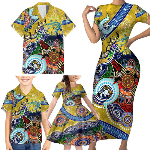 Personalised Eels NAIDOC Week 2024 Family Matching Short Sleeve Bodycon Dress and Hawaiian Shirt Australia Aboriginal Dot Painting