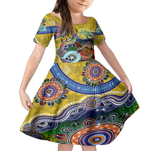 Personalised Eels NAIDOC Week 2024 Kid Short Sleeve Dress Australia Aboriginal Dot Painting