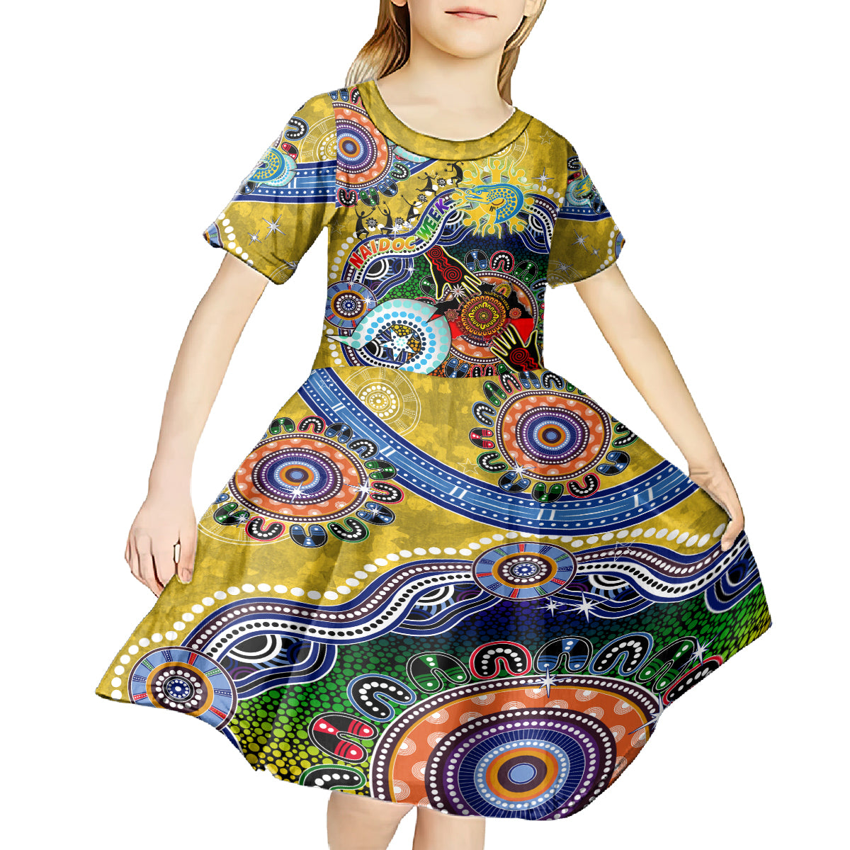 Personalised Eels NAIDOC Week 2024 Kid Short Sleeve Dress Australia Aboriginal Dot Painting