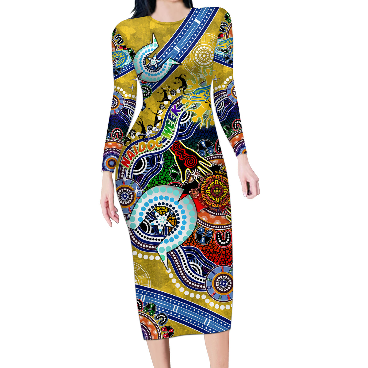 Personalised Eels NAIDOC Week 2024 Long Sleeve Bodycon Dress Australia Aboriginal Dot Painting