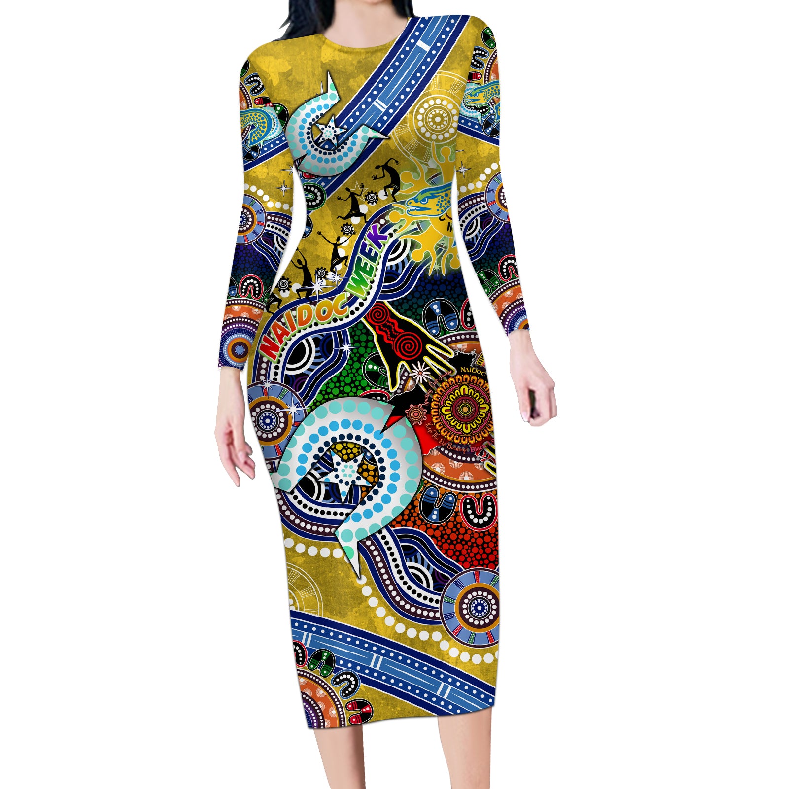 Personalised Eels NAIDOC Week 2024 Long Sleeve Bodycon Dress Australia Aboriginal Dot Painting