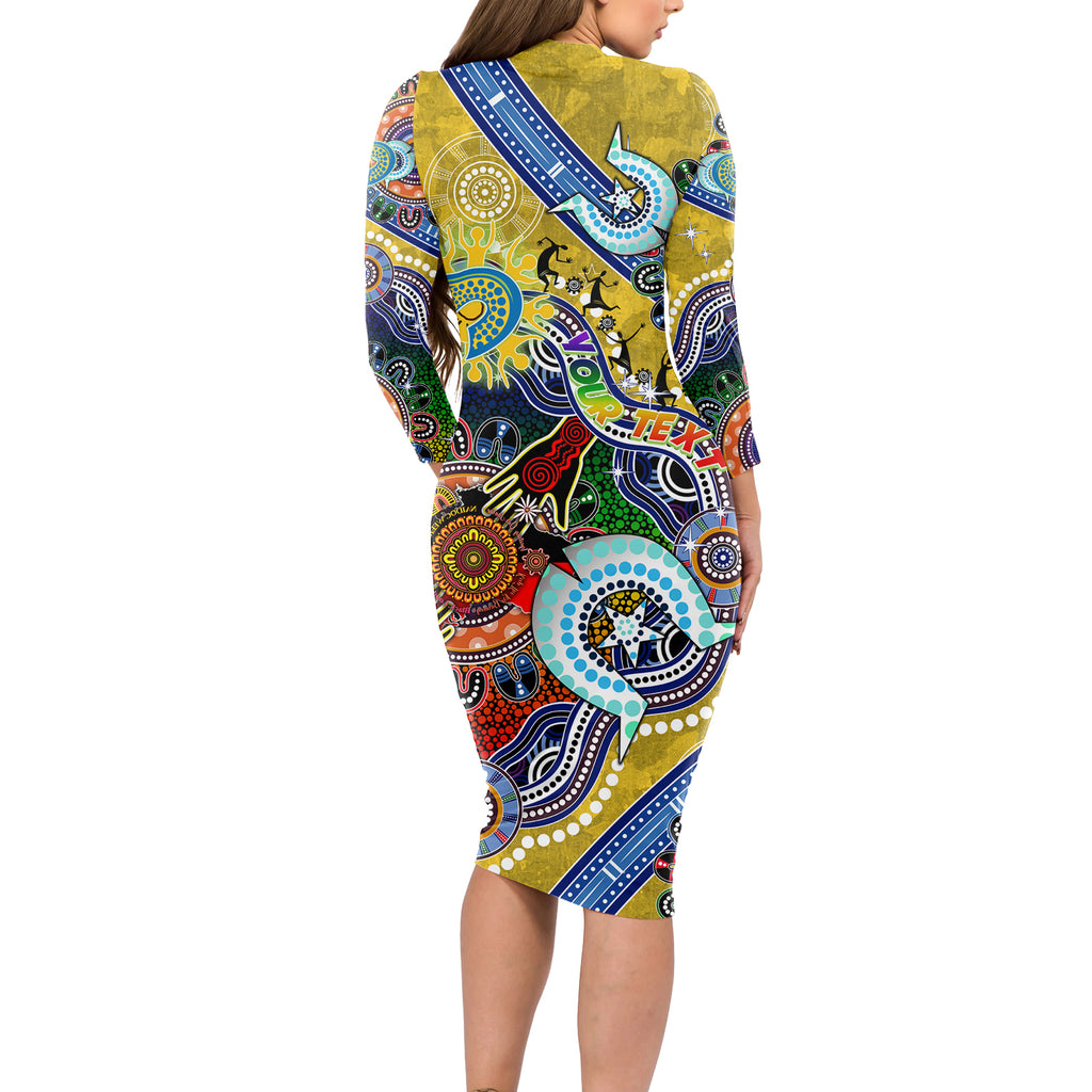 Personalised Eels NAIDOC Week 2024 Long Sleeve Bodycon Dress Australia Aboriginal Dot Painting