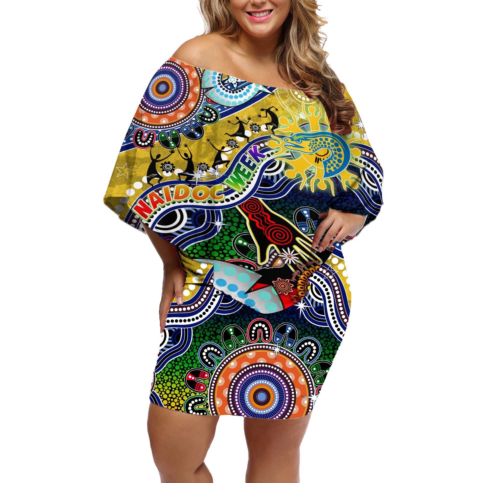 Personalised Eels NAIDOC Week 2024 Off Shoulder Short Dress Australia Aboriginal Dot Painting